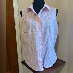 Lands' End Sleeveless Ruffled Button Down Vest with Pink Green & White Stripes